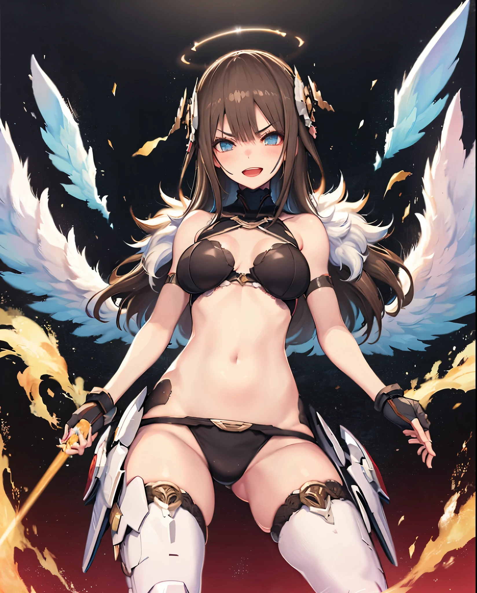 fantasy, 1angel_girl,(_teen:, ,brown_hair, medium_bob_hair, long_bangs, halo,bare_shoulder,thighhighs,silver_armor, waist_armor, large_breasts,angry,grinning,open_mouth_teeth, 1pair_wings, dynamic_pose_fighting,floating, bare_crotch, headgear,gauntlet, greaves,city_background,slightly_spread_legs, solo, groin_naked,