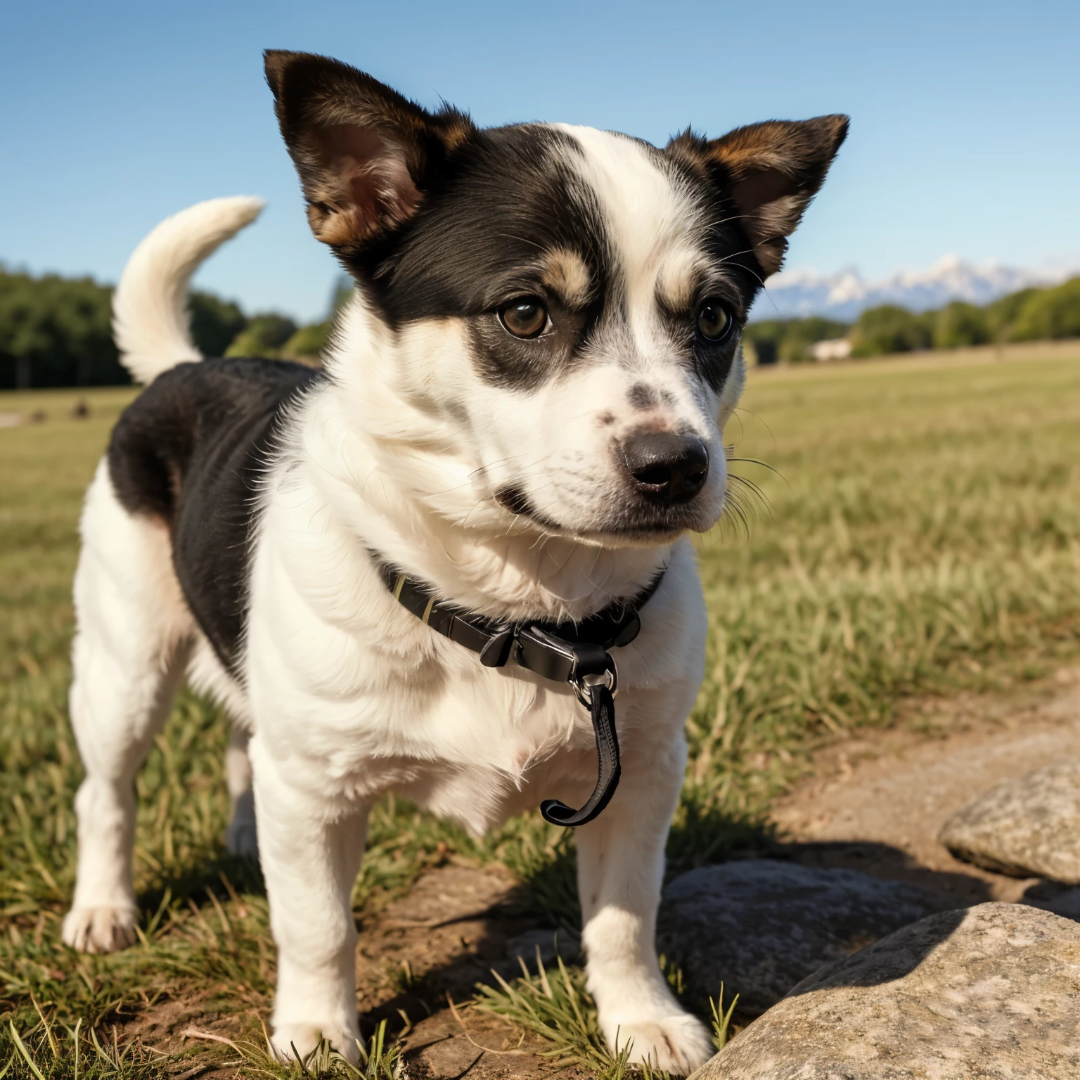 (Best quality, ultra-detailed: 1.2), Canine portrait, black and white puppy with spots (branco), obediently following commands (cachorro preto com branco fazendo adestramento), playful expression, sharp focus on intricate coat patterns, soft, shiny fur, photorealistic rendering, bright, evenly-lit scene, high contrast, (100% focus on subject), leash in paw, attentive gaze towards handler, realistic reflections in keen, intelligent eyes, (clear, blemish-free skin texture for the handler), outdoor setting, sunny day, lush green grass, warm, inviting environment, film grain