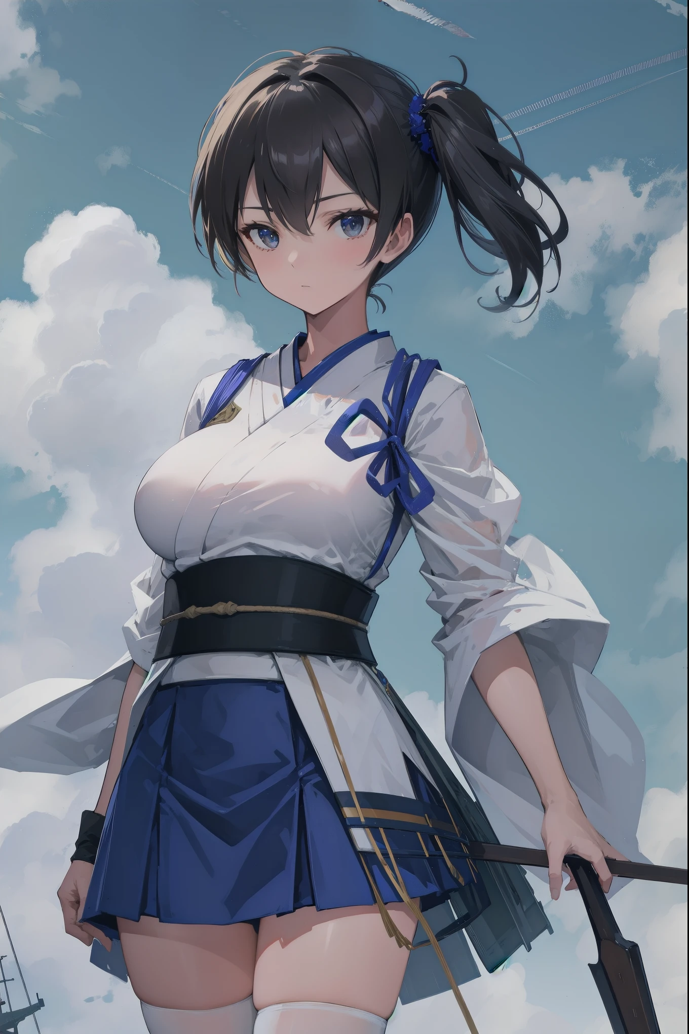 Kaga(Fleet Collection),highest quality, masterpiece, High resolution,kimono,blue skirt,side ponytail,big_breasts,