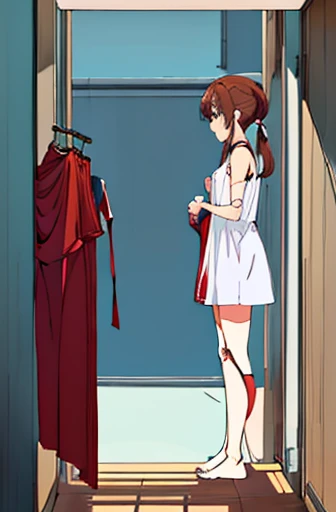 A Female robot is sleeping in bedroom, spread legs, nude, banzai pose. she wears no dress. She Brown short hair is tied with two big red clothespins, She lifts up the under hem of her white plain dress, leaning over, masterpiece, very short pigtails,brown hair, mature, android, blue eyes, full body figure, Height: 160cm, flushed cheeks, 2020s anime picture, A beautiful robot with short brown hair in two short pigtails held up by two very large huge red clothespins, Uplifting, No NSFW, whole body, barefoot, archaic smile, getting orgasm, 25 years old, sweat bucket. 
