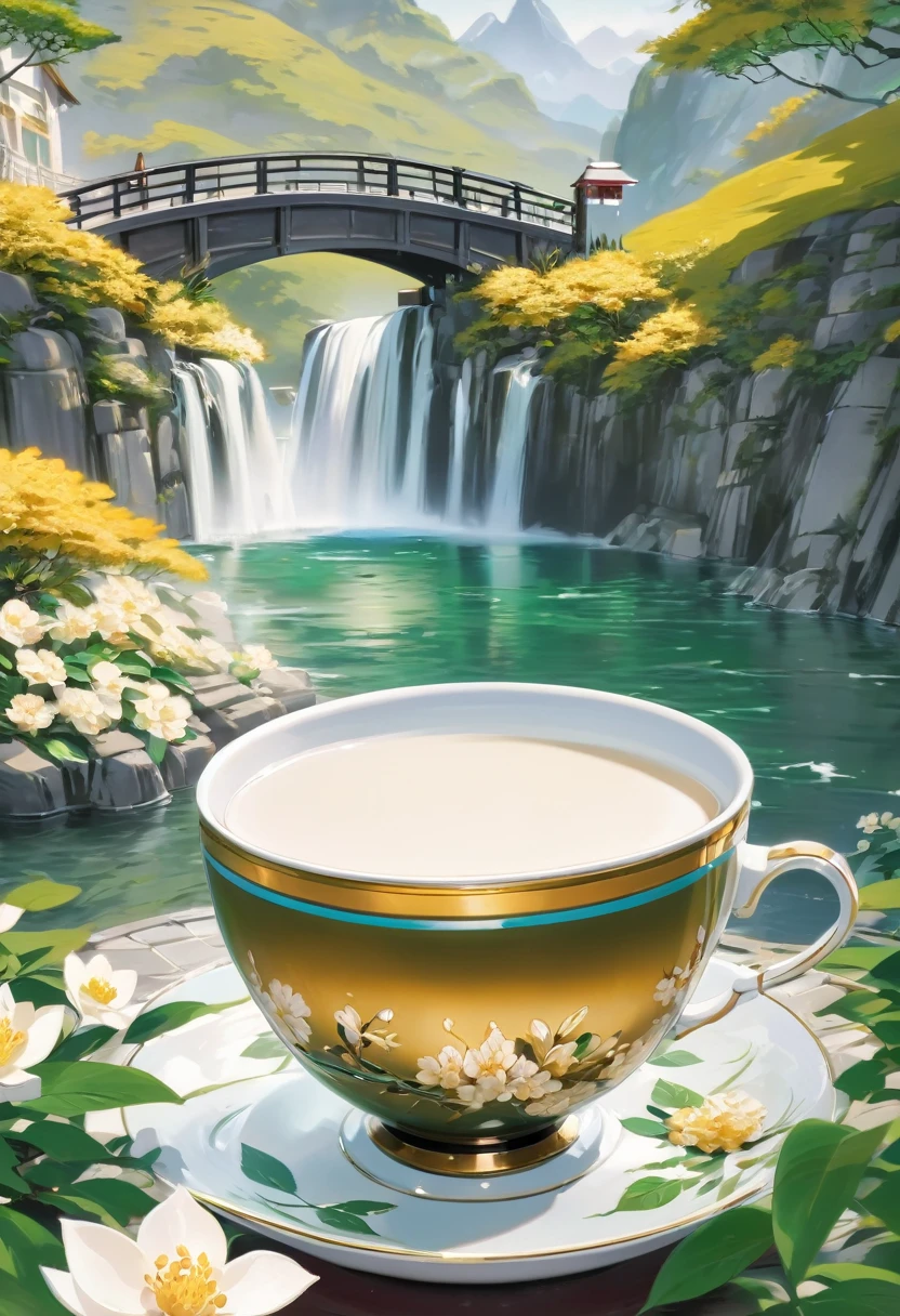 ((milk tea_cup)),(Masterpiece, High Quality, Best Quality:1.2),(bridge),waterfall,((water)),(ship:1.5),emerald green,Chinese 3D Landscape Painting,((suneate)),Chinese Landscape Painting,Ray Tracing,(east asian architecture),Milk White Transparent Water,Rock,tea_cup surrounded by water,(osmanthus),see-through,no humans,outdoors,architecture,blur,depth of field,sky,nature,mountain,flower,gold, [product photography],painting,