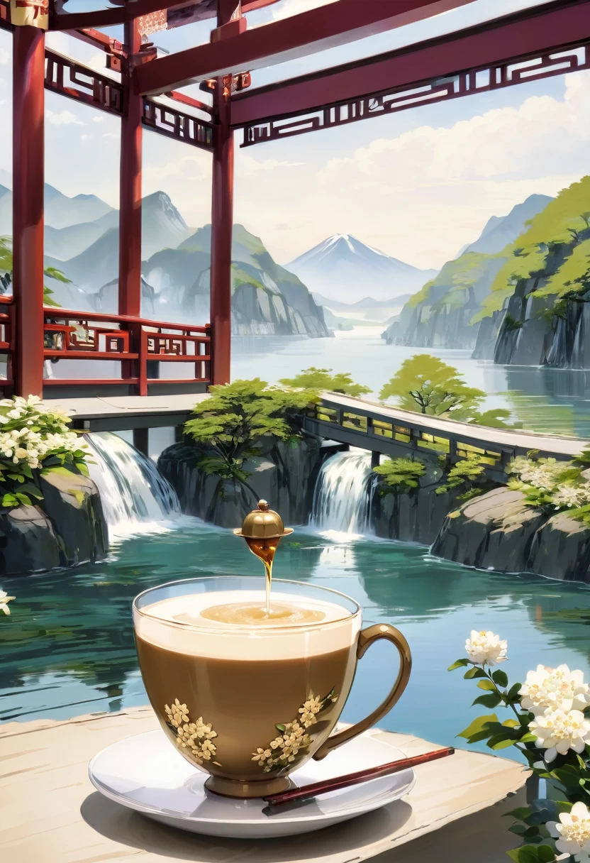 ((milk tea_cup)),(Masterpiece, High Quality, Best Quality:1.2),(bridge),waterfall,((water)),(ship:1.5),emerald green,Chinese 3D Landscape Painting,((suneate)),Chinese Landscape Painting,Ray Tracing,(east asian architecture),Milk White Transparent Water,Rock,tea_cup surrounded by water,(osmanthus),see-through,no humans,outdoors,architecture,blur,depth of field,sky,nature,mountain,flower,gold, [product photography],painting,