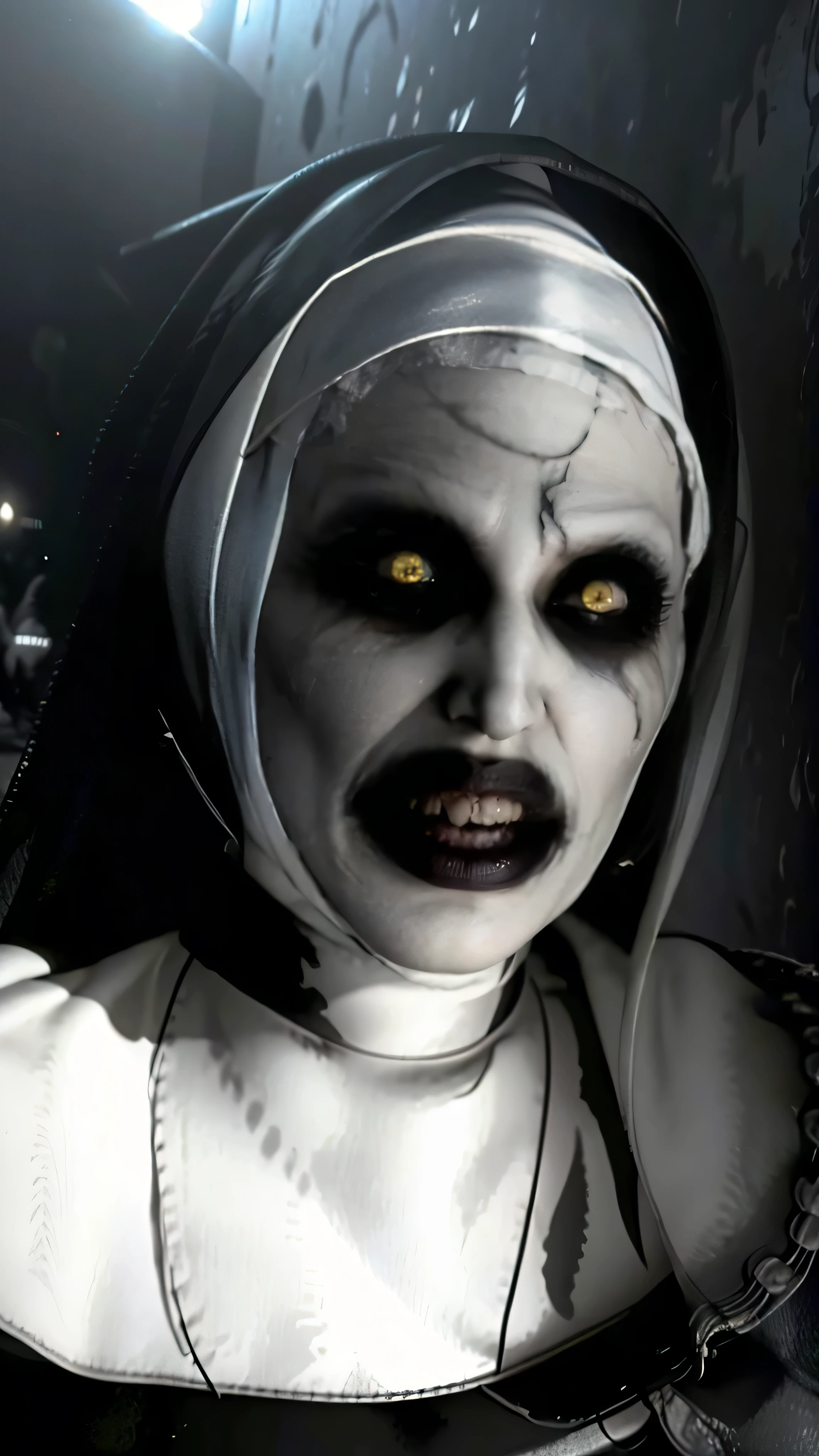 a nun in a gothic cathedral, scary portrait, monster nun, red eyes, scars appearing on the face, horror movie, dramatic lighting on the face, scary face, scary and bloody smile, apocalyptic atmosphere,  threatening presence, terrified crowds, stained glass windows, soft candlelight, black and white photography, minimalist composition, scary expression, vintage aesthetic. best quality, 8k, masterpiece: 1.2, ultra-detailed, realistic