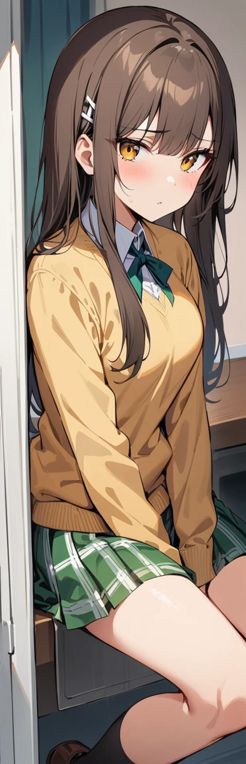 (masterpiece, best quality:1.2), 1 girl, alone,permanent_,
Food Yuuki, brown eyes, brown hair, hair accessories,long hair,Green plaid skirt, Sainan high school uniform, , White shirt, Yellow sweater vest,No