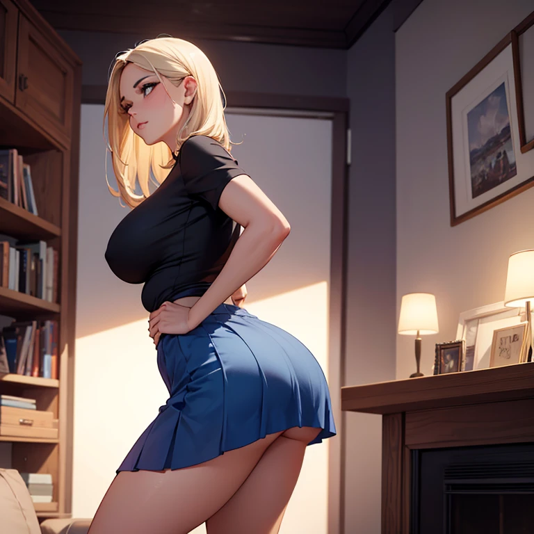 Uma mulher alta, com cabelos castanhos, with big breasts and standing, young face with a great appearance and perfect body curvature wearing a skirt and a top with a big ass size 98, professional lighting looking away from the observer in a living room.