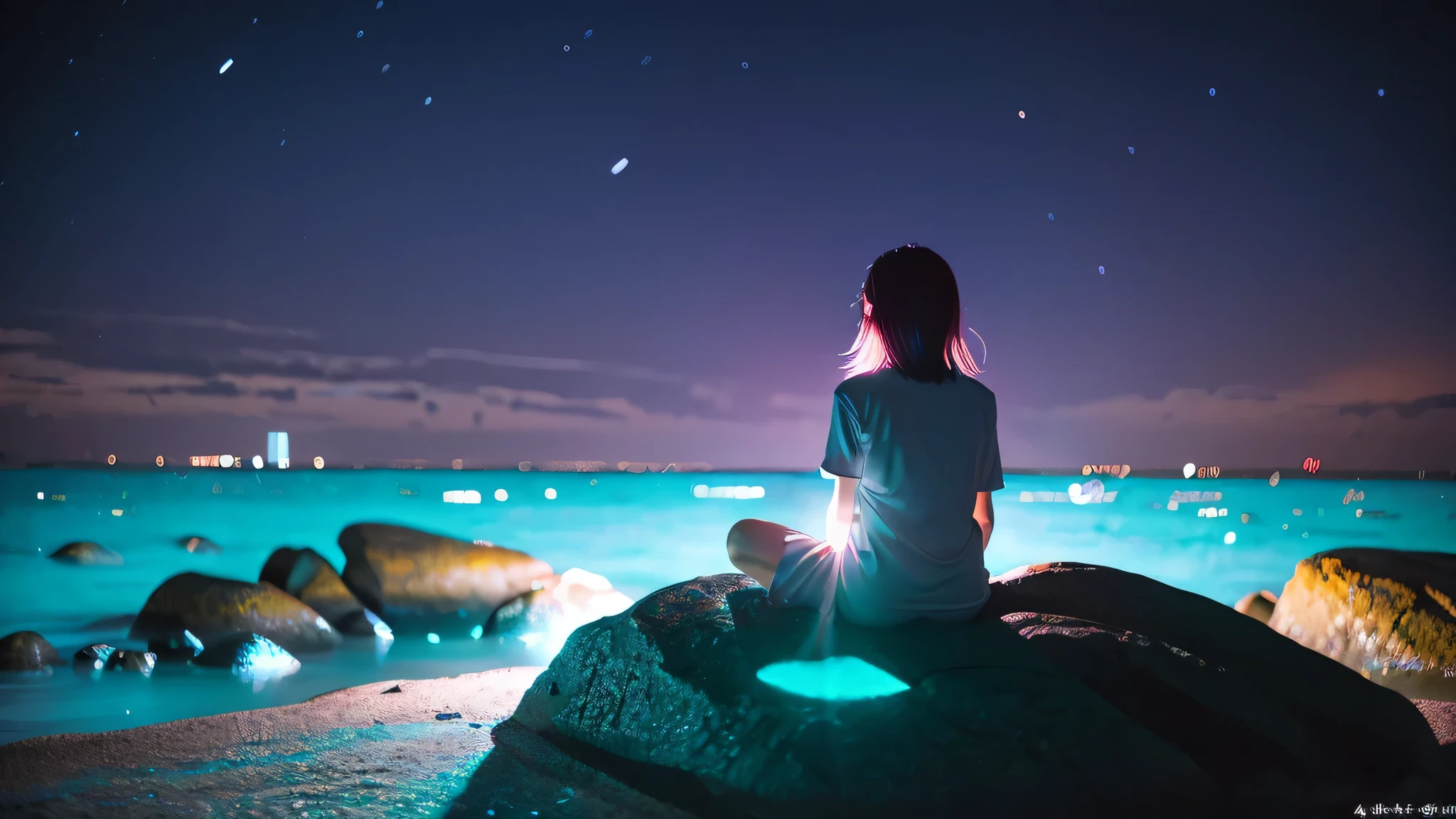 Rear view of an anime-style girl meditating on a rock at night、SakuraFubuki