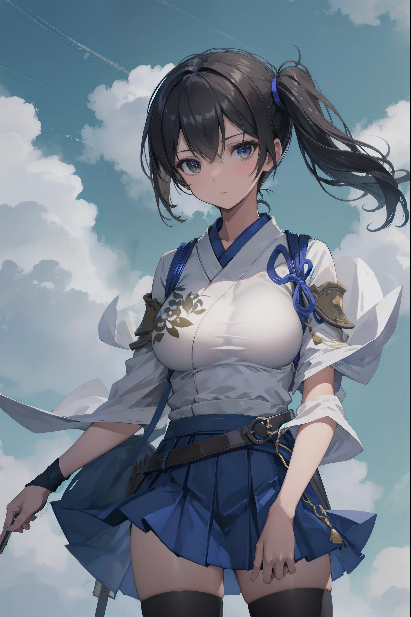 Kaga(Fleet Collection),highest quality, masterpiece, High resolution,kimono,blue skirt,side ponytail,big_breasts,