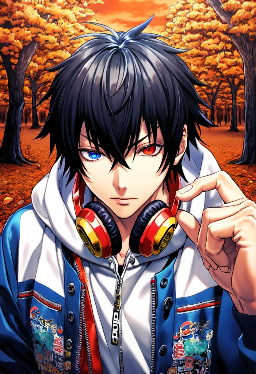 absurdres, highres, ultra detailed, HDR, master piece, best quality, Yamada Ichiro, chin length black hair, Hypnosis Mic, heterochromia; his left eye is red, whilst his right eye is green, he has a mole under his left eye, a white hoodie with two zippers, and a red-and-blue varsity jacket, printed with “BB”, “01”, he also wears blue jeans, red headphones, 1man, handsome, autumn, orange leaves, trees