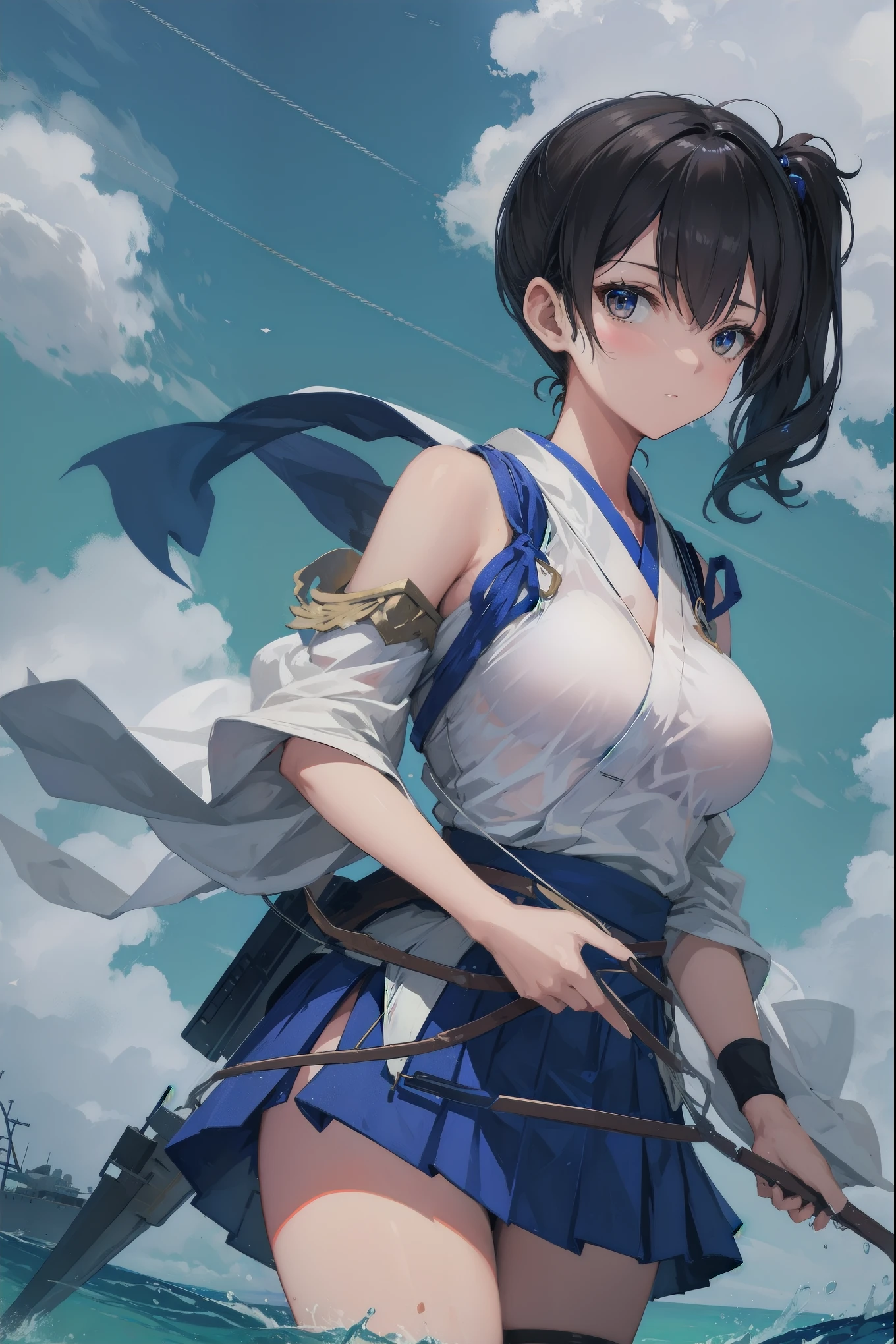 Kaga(Fleet Collection),highest quality, masterpiece, High resolution,kimono,blue skirt,side ponytail,big_breasts,