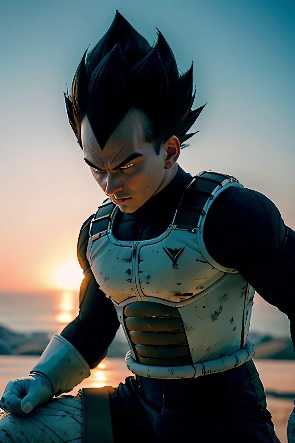 (high detailed skin:1.2), serious, looking at viewer, black spiked hair, black eyes, armor, white gloves, RAW photo,  vegeta as Joe taslim, 1boy,  small details, photorealistic, ultra-realistic photo, 8k uhd, dslr, soft lighting, high quality, film grain, ((masterpiece)), 8k, HDR, highly detailed, professional