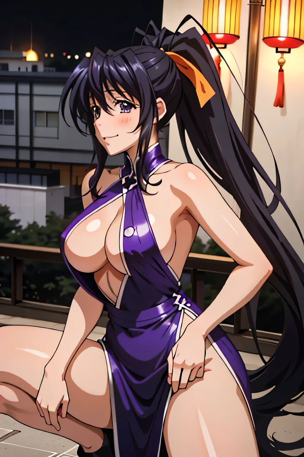 Himejima Akeno、long hair、blush、smile、one person、China dress、underboob、put your hands behind your back、squat、spread your legs wide、invite