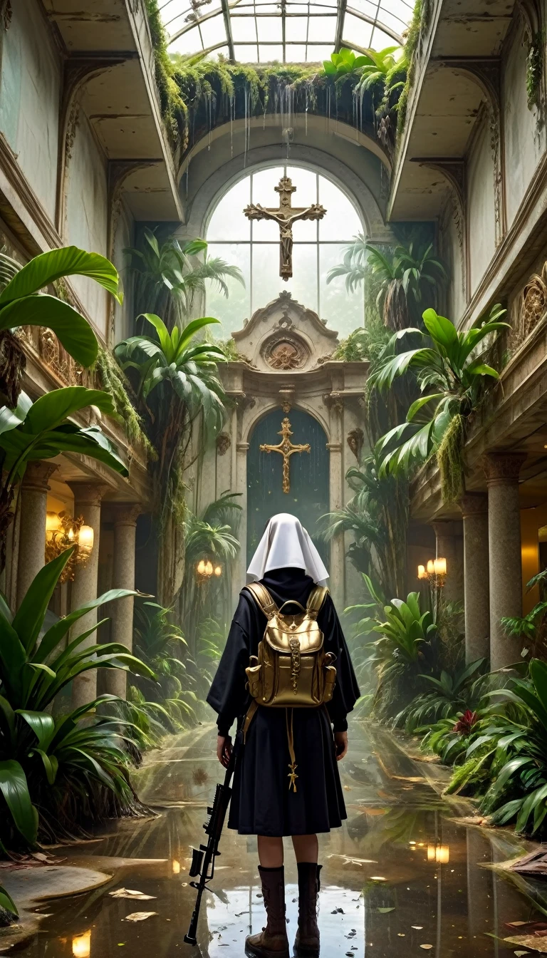 post-apocalyptic world, a lone woman, a nun, silver cross on neck, a travel backpack, a rifle, she is going down, front to viewer, in fron of camera, Large fantasy abandoned mall, flooded floor, glass ceiling, upstairs viewpoint with parapet, trees, vines, orchids, bromeliads, palm trees, ornaments, golden, many plants, tropical plants, marble walls,, dynamic light, 8K, masterpiece, ultra detailed, beautiful.