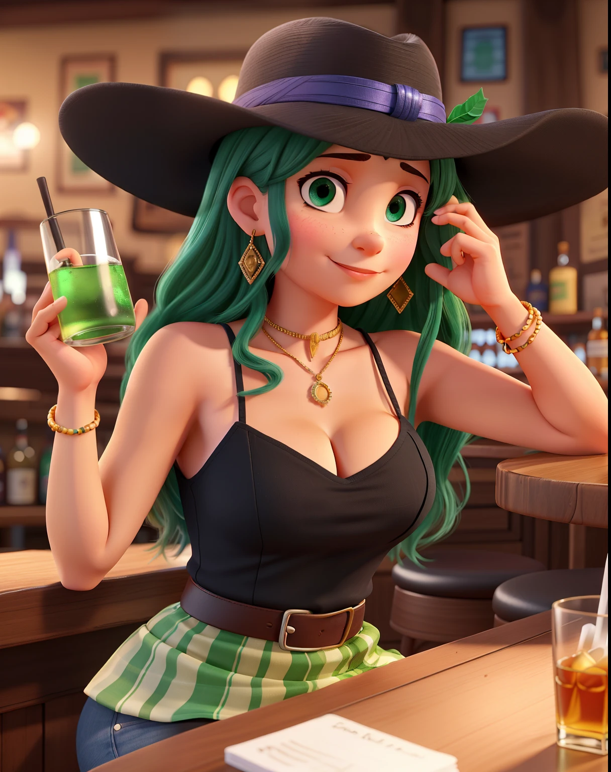 (UHD, retina, masterpiece, accurate, anatomically correct, textured skin, super detail, high details, high quality, best quality, high res, 1080P, HD, 4K, 8k, 16k), (beautiful detailed eyes, beautiful detailed lips, extremely detailed eyes and face), soft lighting, physically-based rendering, vivid colors, (((large breasts:1.6))), (witch hat, black dress, pendants), (portrait, shiny hair, shiny skin, blush), (bokeh), eye reflection, (smile and laugh:1.5), (lime green hair, sit:1.2), (purple juice:1.5),