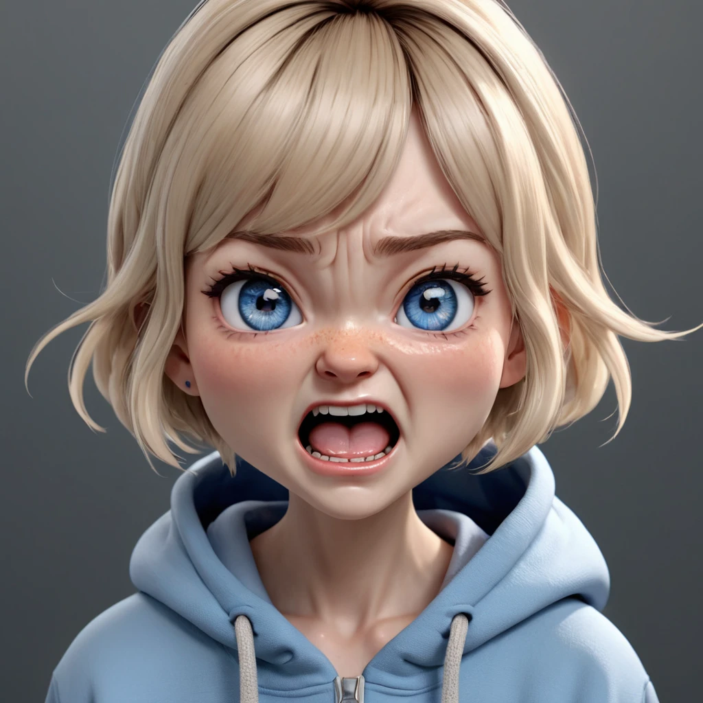 (((angry smile, Mouth open, scream, blue eyes))), ((chibi)), portrait, (open mouth), (blue hoodie), wrinkles near the nose, (simple gray background), girl, Young adult, [Nordic:Icelandic:0.5], age 25, Hourglass body, perfect Olive skin, big Oval Face, Long neck, Rounded shoulders, slim fitness arms, Attached Pointed ears, Short blonde Beach Waves pixie haircut Parting centre hair, snub nose, High Round Narrow cheekbones, Dimpled Cheeks, Rounded Chin, Nude Makeup Look, long eyelashes, third breast size, 8k, vray, IMax, hyperrealism, perfect light, bokeh Carl Zeiss 85mm, small depth of field, photorealistic, masterpiece, high resolution, best quality, cinematic shot, ultra-detailed, super realistic, Hyperrealistic art, high-quality, ultra high res, highest detailed, lot of details, Extremely high-resolution details, photographic, realism pushed to extreme, incredibly lifelike, atmospheric perspective (focus on face), realistic skin, soft light, detailed skin, colourful, soft cinematic light, (perfect skin),
