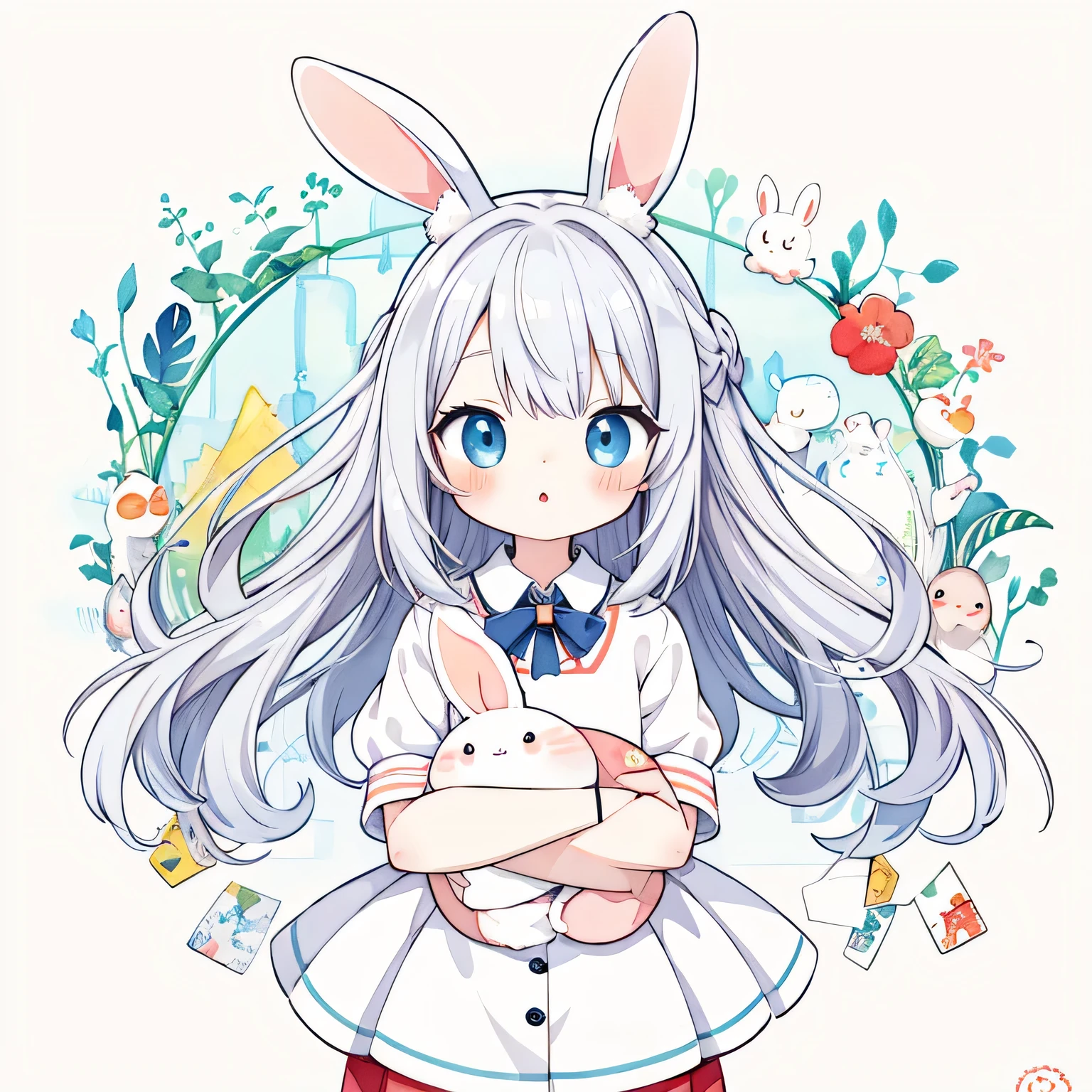 masterpiece, best quality, absurdres, illustration, watercolor,
1 girl, 1 rabbit, anime character, kawaii, cute, mascot character, fuwafuwa,silver hair,
postcard,