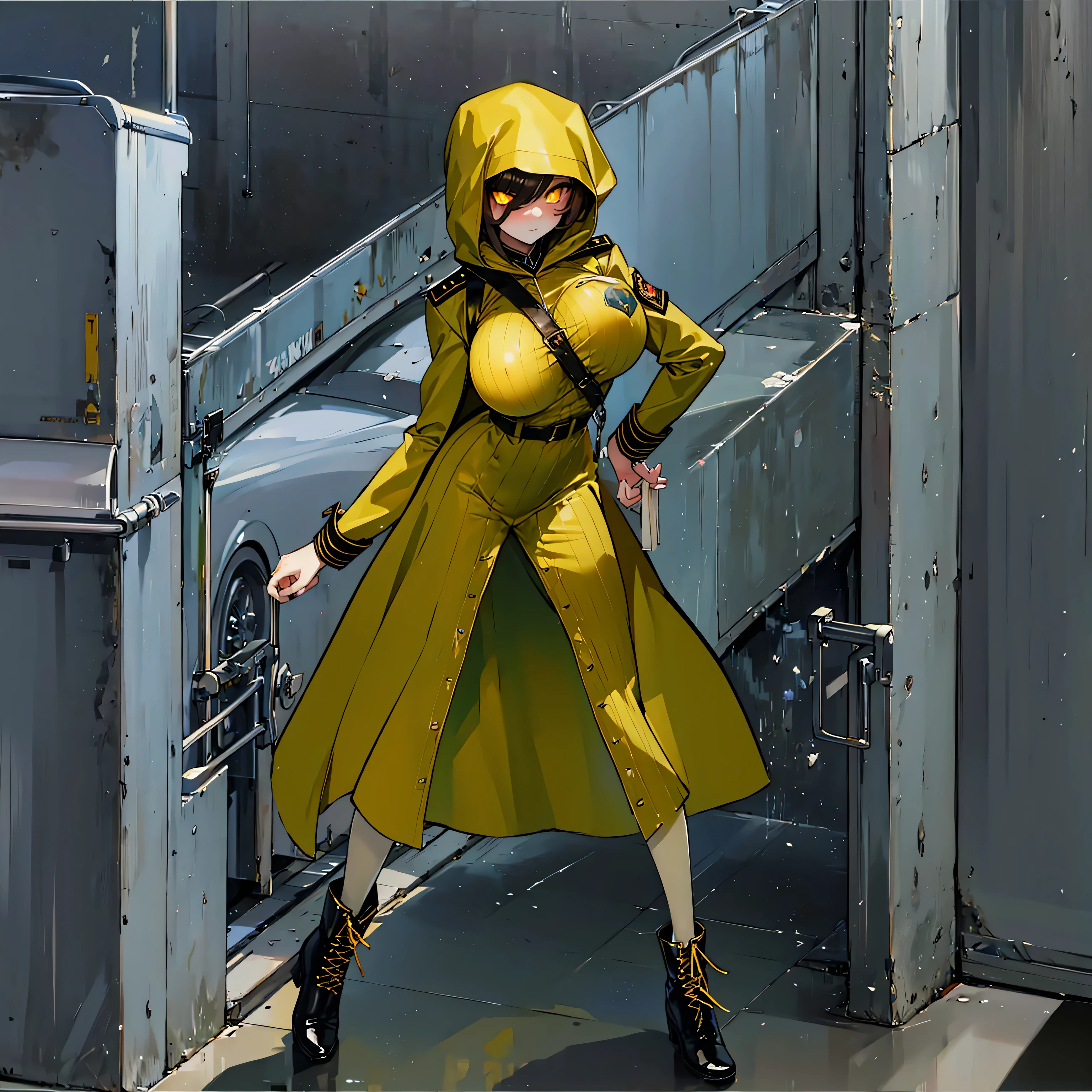 (solo cute girl standing in trench:1.3), (light brown hair:1.2) , (very long legs), (skinny long legs), (very short torso), swaying back, BREAK, (open legs:1.2), tiptoe, pigeon toed, BREAK, (bouncing unaligned large breasts:1.2), perky breasts, thin waist, BREAK, (dark brown military uniform:1.4), (hood covers face), trousers, military boots, BREAK, nose blush, looking at viewer, BREAK, (glowing golden eyes:1.6), BREAK, (wire entanglement fence in background), BREAK, (masterpiece, best quality, ultra-detailed:1.5), (nsfw:1.0), (coverd erectile nipples), cameltoe, (belt sash squeezing breasts)