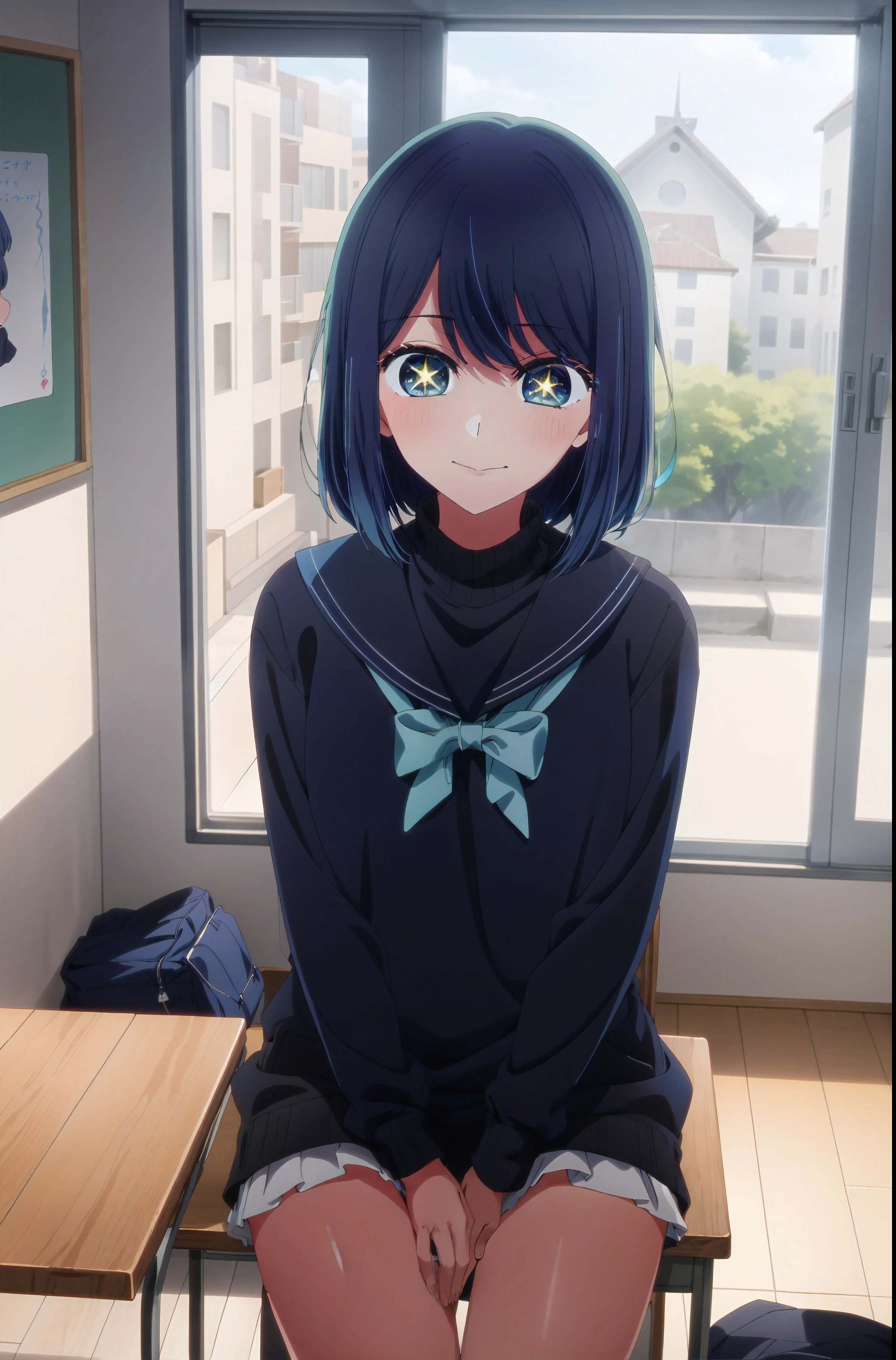 masterpiece, best quality, 8K, ultra high resolution, best quality, anime style, Best Writing, pretty face,beautiful lights, 1 girl, alone, madder, (star eyes:1.5)、(Symbol-shaped pupil:1.5), Navy blue sailor suit, navy blue sweater, white skirt、laughter, Best Writing, very close to face, anime girl sitting on a chair in front of a window, Anime cute art style, anime style 4 k, cute girl anime visual, anime style. 8K, Beautiful anime high school girl, anime best girls, Smooth anime CG art, an anime girl, cute anime girl, young anime girl, return, anime girl, portrait of an anime girl
