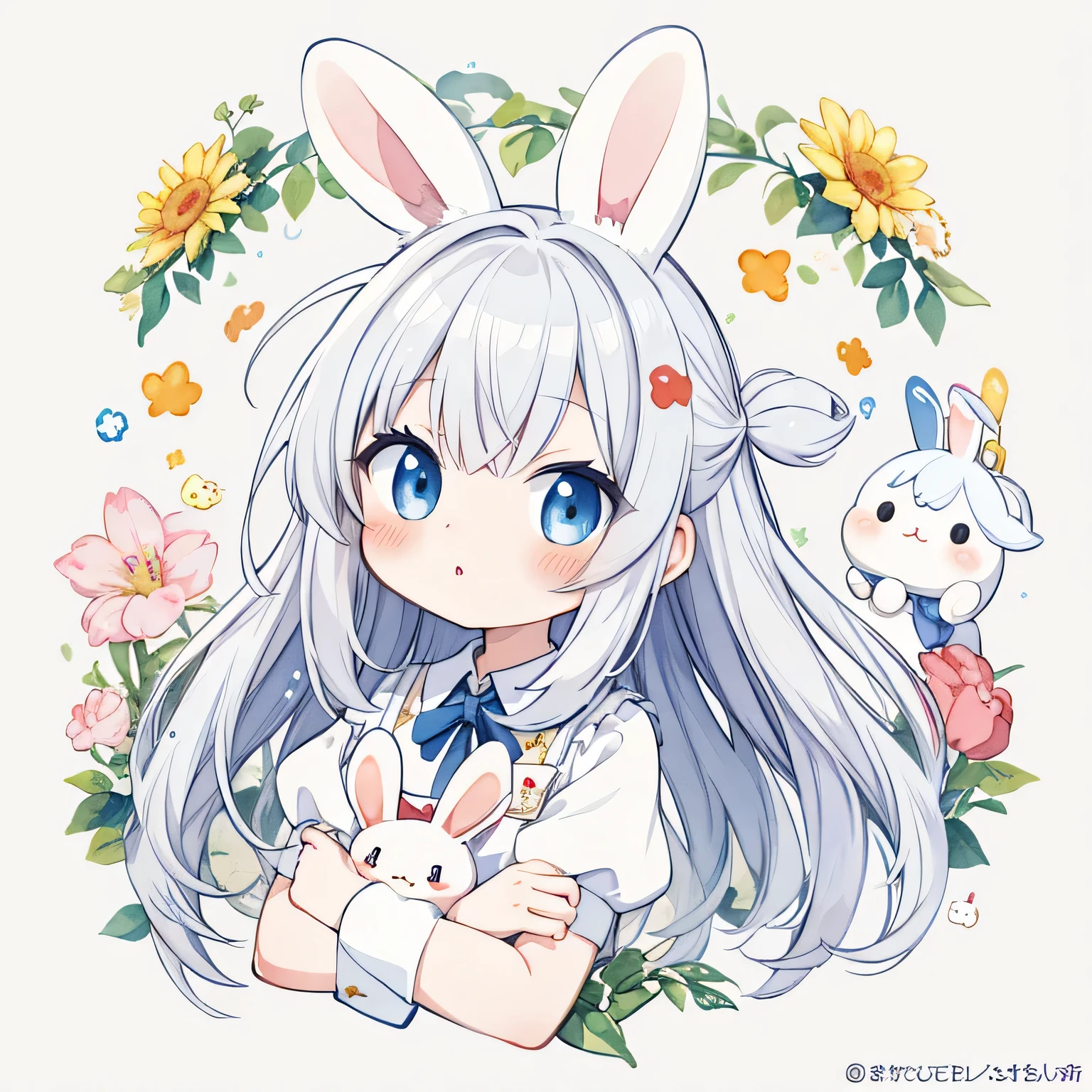 masterpiece, best quality, absurdres, illustration, watercolor,
1 girl, bunny, anime character, kawaii, cute, mascot character, fuwafuwa,silver hair,
postcard,