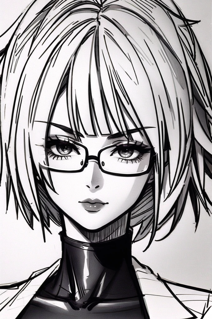 1girl, Android 21, glasses,solo, monochrome, greyscale, short hair, portrait, turtleneck, closed mouth, bangs, looking at viewer, blunt bangs, sketch, graphite \(medium\), lips, hatching \(texture\)