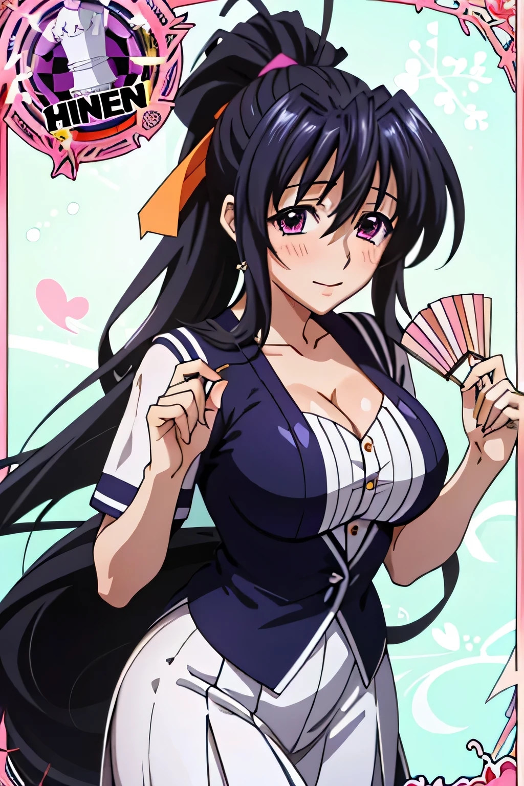 Himejima Akeno、long hair、blush、one person、sailor suit、Hold the paper fan