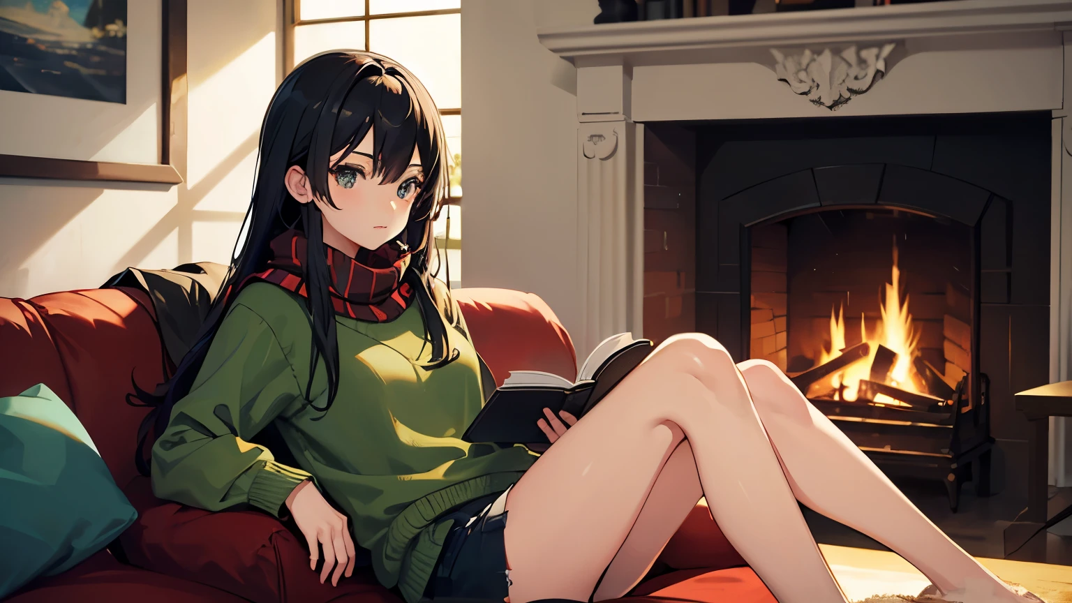 A girl sitting on a sofa in front of a fireplace reading a book,There is a coffee mug on the table,black hair,Red scarf with black stripes,black shorts,Light green sweater,A girl sitting on a sofa in front of a fireplace reading a book,There is a coffee mug on the table,black hair,Red scarf with black stripes,black shorts,Light green sweater,Japanese anime style 