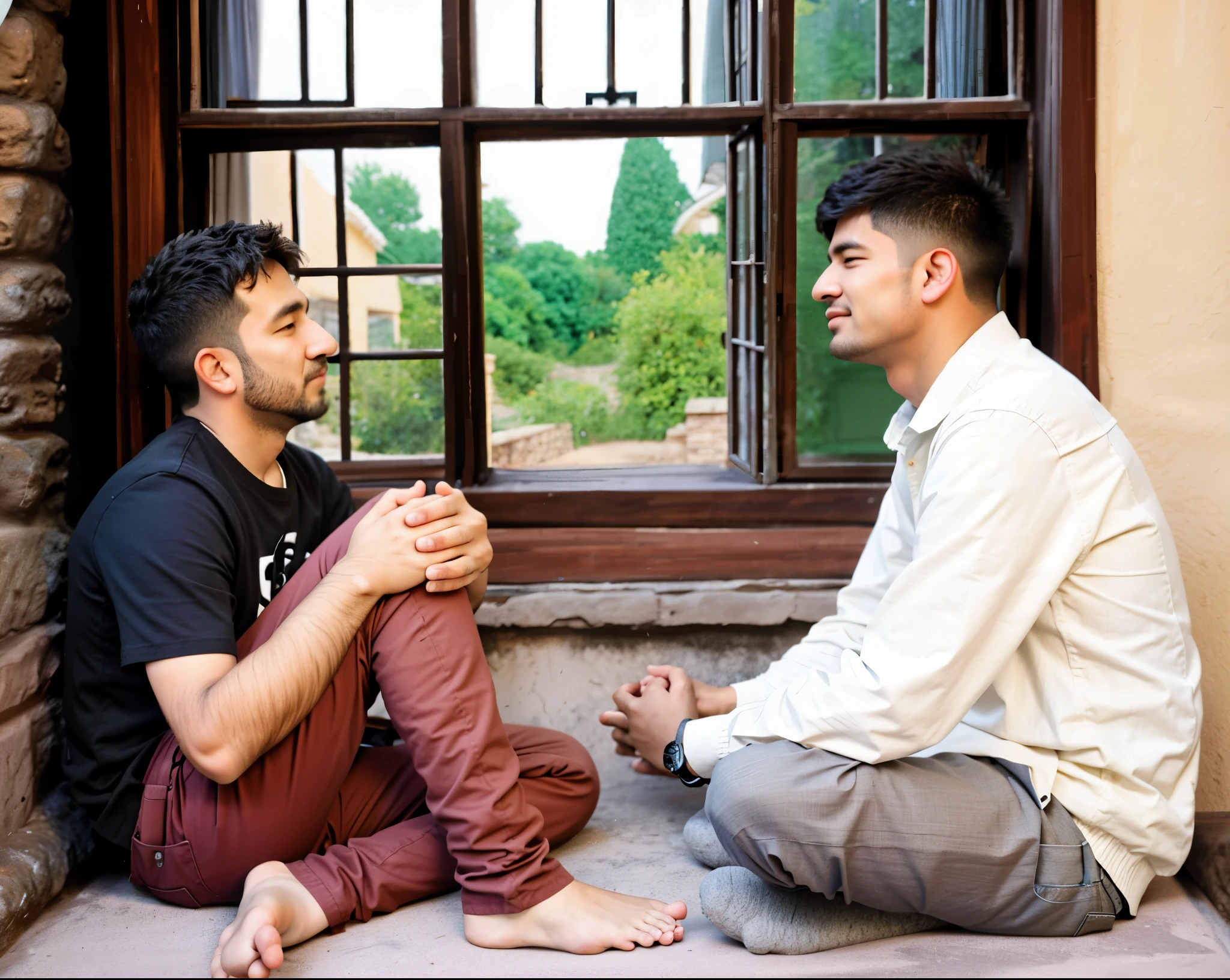 Two boys sitting in village house
