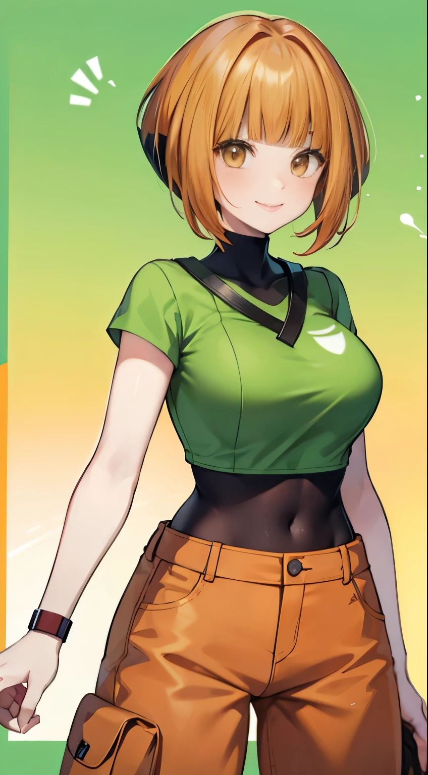 orange hair，orange eyes，short hair，Green top，Brown denim shorts，Smile，blush，prairie background，Vegetable Seeds【Pokémon】big breasts