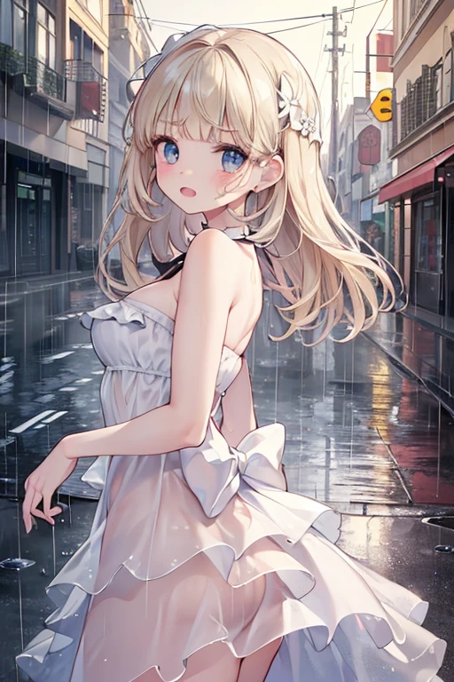 ((Best Quality, 8K, Masterpiece:1.3)), Focus:1.2, Perfect Body Beauty:1.4, :1.2, (Layered Haircut:1.2)), (Rain, Street:1.3), Bandeau Dress:1.1, Highly Detailed Face and Skin Texture, Delicate Eyes, Double Eyelids, Whitened Skin, Long Hair, (Round Face: 1.5)