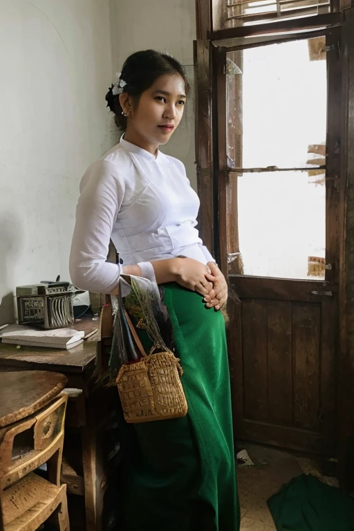Stable Diffusion prompt:
woman, standing, green skirt, white shirt, nivanh chanthara, traditional garb, traditional dress, headmistress uniform, traditional clothes, authentic attire, lam manh style, pregnant, nuttavut baiphowongse, student, 30 years old
