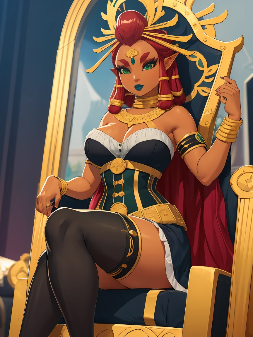 Big breasts, green eyes, dark blue lips, sitting on a throne, corset, black stockings, Riju