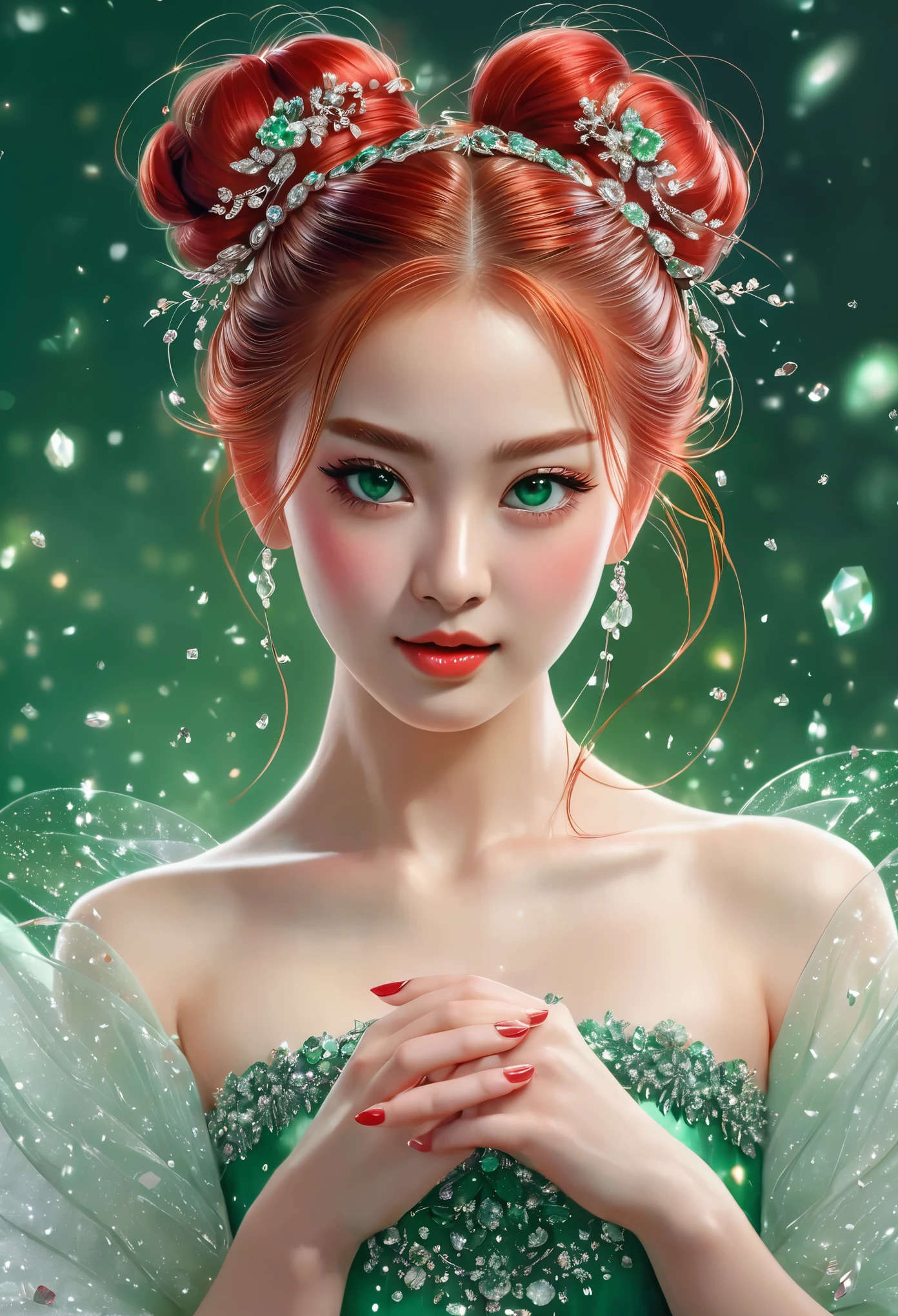 the dancing ballerina
with slippers decorated with crystals Japanese and English -girl-emerald-green eyes long red hair tied in a bun -delicate-romantic with soft red makeup
Stubborn princess, fairy tale, fantasy, realistic photo, beautiful art, high detail, digital painting, cinematic, stunning, hyper-realistic