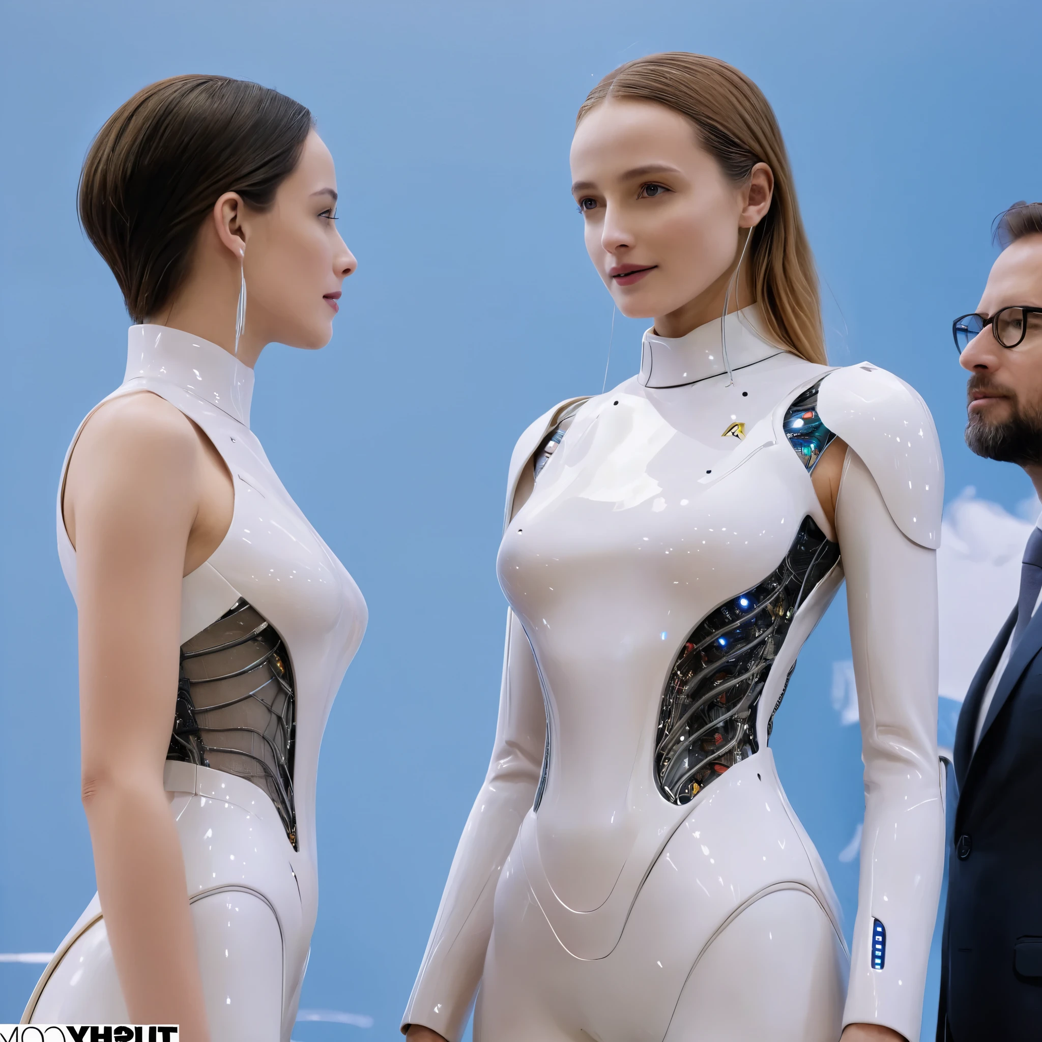 (Best Picture Quality, 4k, 8k, Hi-Res, Masterpiece:1.2), (Ultra-Detailed, Realistic, Graphic:1.37),(Top quality, real), (Three autonomous AI androids developed specifically for sex acts are on display at a corporate product exhibition: 1.3), Sex androids with realistic human characteristics, 1 of 3 Artificial skin has not yet been applied to the body except for the face.