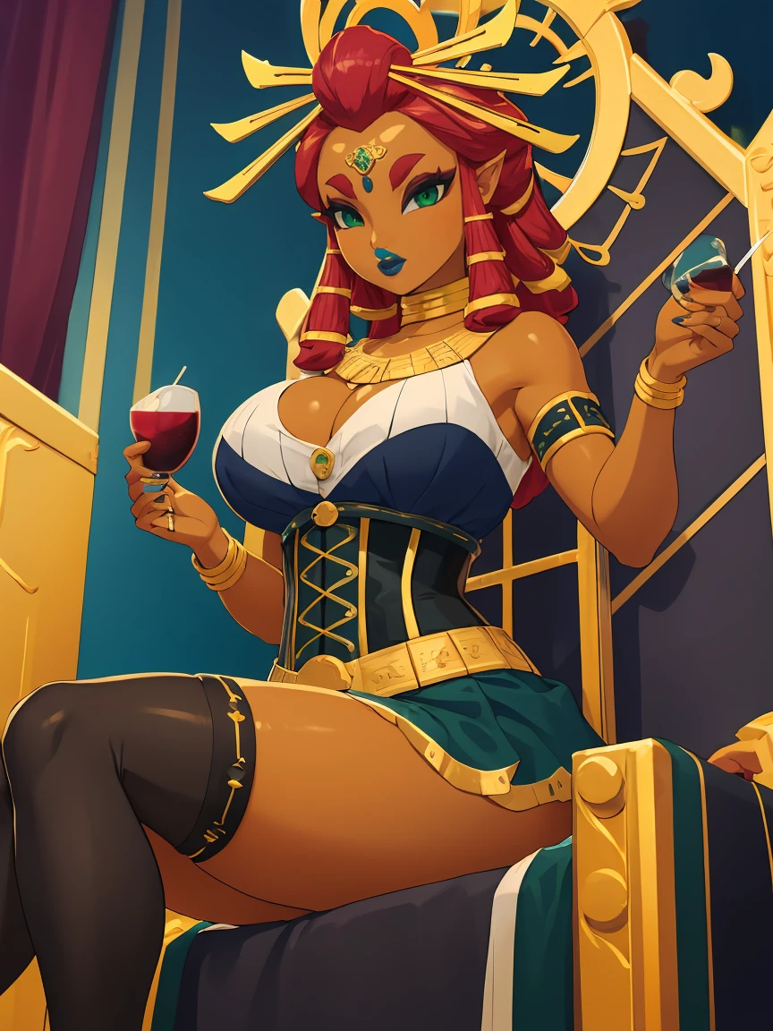 Big breasts, green eyes, dark blue lips, sitting on a throne, corset, black stockings, sexy legs, Riju