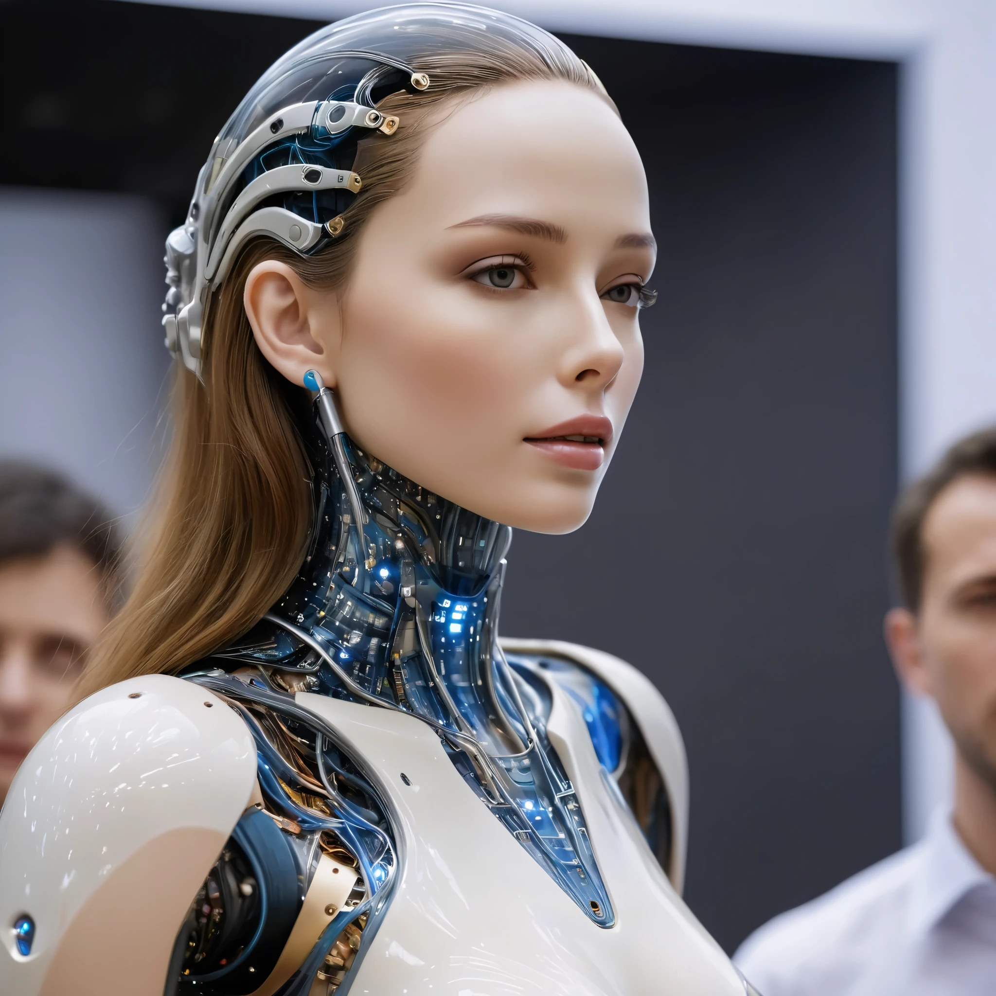 (Best Picture Quality, 4k, 8k, Hi-Res, Masterpiece:1.2), (Ultra-Detailed, Realistic, Graphic:1.37),(Top quality, real), (Three autonomous AI androids developed specifically for sex acts are on display at a corporate product exhibition: 1.3), Sex androids with realistic human characteristics, 1 of 3 Artificial skin has not yet been applied to the body except for the face.