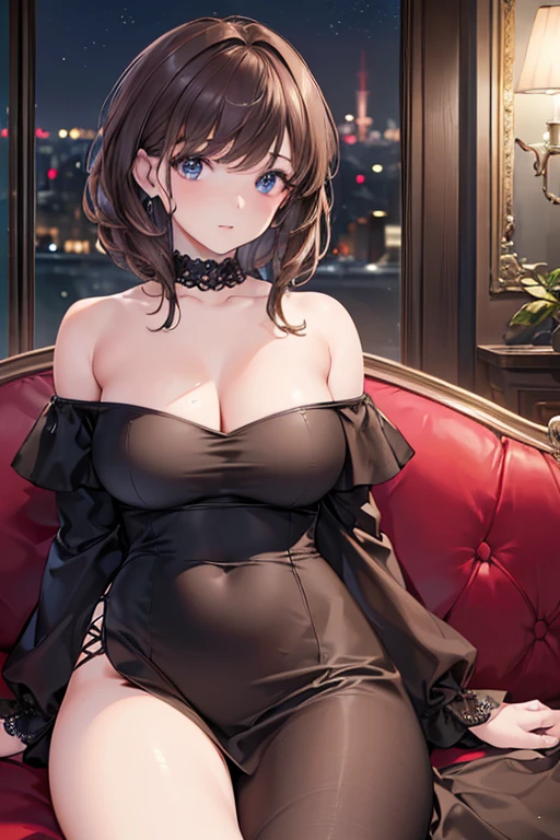 ((Night view, realistic light, best quality, 8k, masterpiece: 1.3)), 1girl, pretty woman with slim figure: 1.4, (brown hair, medium breasts: 1.3), off-the-shoulder cut top: 1.3, sofa, super detailed face, detailed eyes, double eyelids