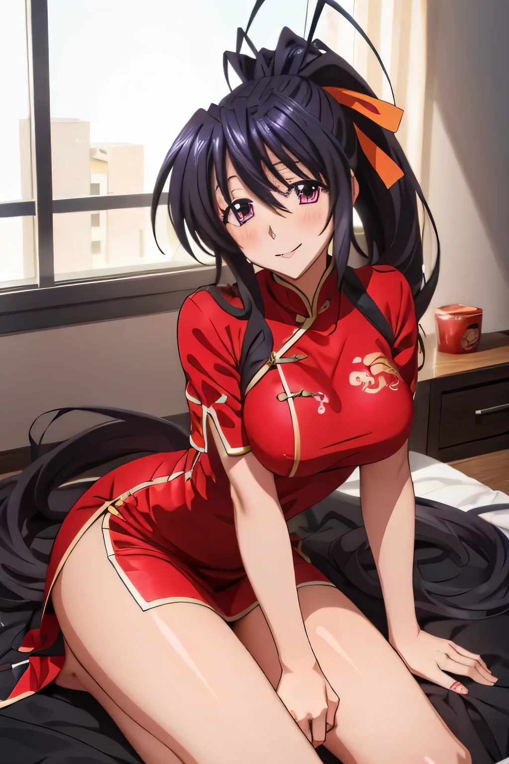 Himejima Akeno,long hair,blush,smile,one person、China dress
