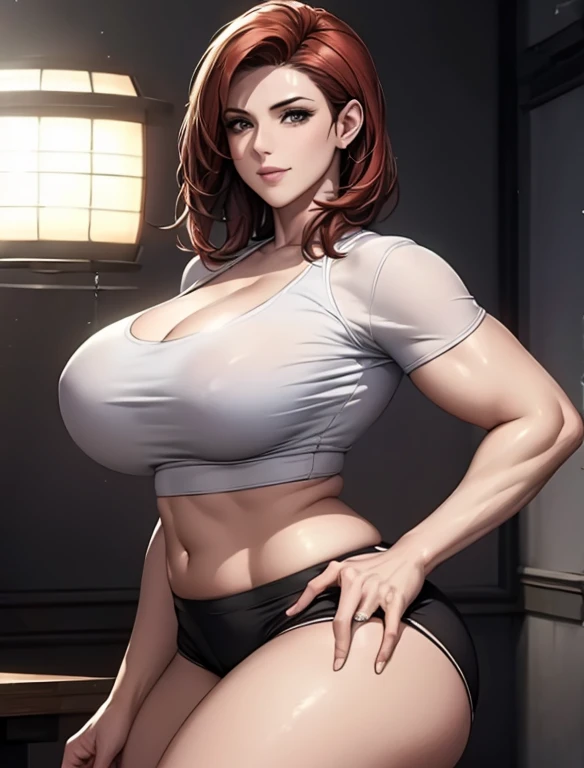 (LOOKING AT VIEWER:1.3), (MODERN), (PHOTOREALISTIC:1.4), (ULTRA-DETAILED), (TOP-QUALITY), (BEST SHADOWS), (MASTERPIECE), BRIGHT LIGHT IN ROOM, HYPER TEXTURE, (4X MSAA), ((UNREAL ENGINE 5 RENDER)), PHYSICALLY-BASED RENDERING, ULTRA HIGH DEFINITION, 16K, 1080P, big chest, thick body, sexy body, wide hips, thick thighs, big butt, short red hair, wearing a white crop top and black shorts