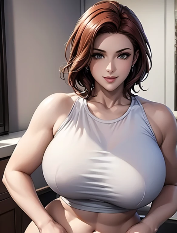 (LOOKING AT VIEWER:1.3), (MODERN), (PHOTOREALISTIC:1.4), (ULTRA-DETAILED), (TOP-QUALITY), (BEST SHADOWS), (MASTERPIECE), BRIGHT LIGHT IN ROOM, HYPER TEXTURE, (4X MSAA), ((UNREAL ENGINE 5 RENDER)), PHYSICALLY-BASED RENDERING, ULTRA HIGH DEFINITION, 16K, 1080P, big chest, thick body, sexy body, wide hips, thick thighs, big butt, short red hair, wearing a white crop top and black shorts 