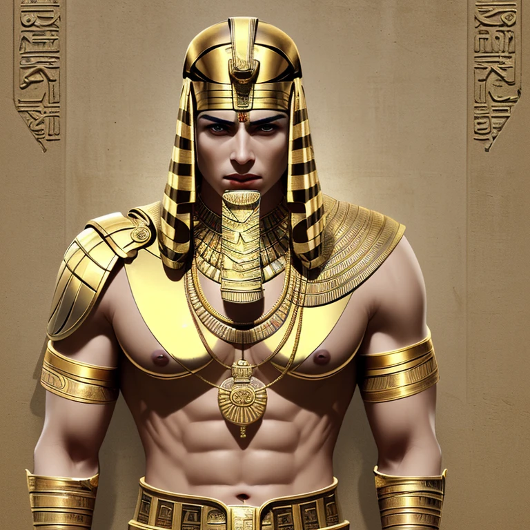 Mummy male build muscular slim gold scarab medallion gold breastplate belt with Egyptian symbols bandages white color ancient Egyptian temple background 