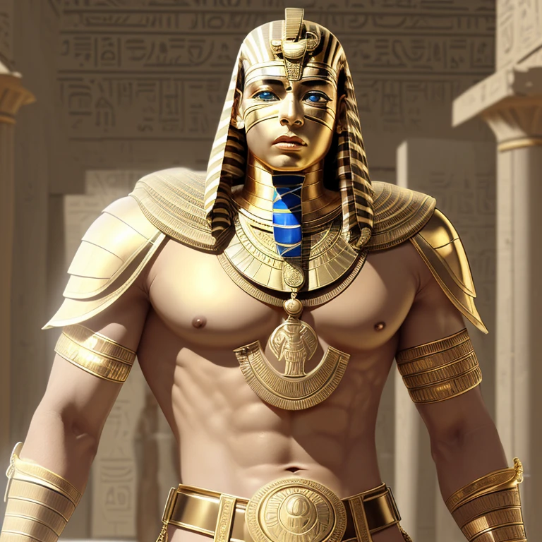 Mummy male build muscular slim gold scarab medallion gold breastplate belt with Egyptian symbols bandages white color ancient Egyptian temple background