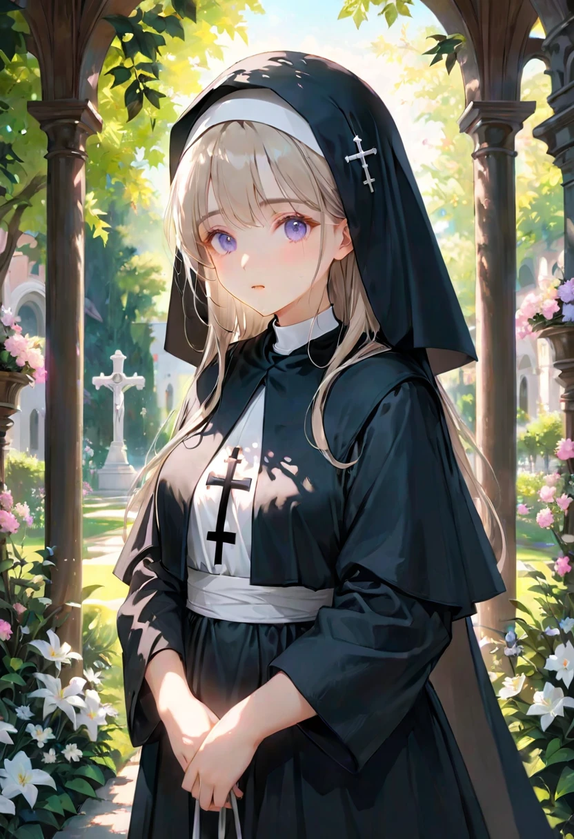 1girl, nun, dark robes, holy cross, serene expression, peaceful garden, soft sunlight, quiet atmosphere, sacred surroundings, (best quality, 4k, 8k, highres, masterpiece:1.2), ultra-detailed, painting-like, soft pastel colors, gentle lighting, aesthetic