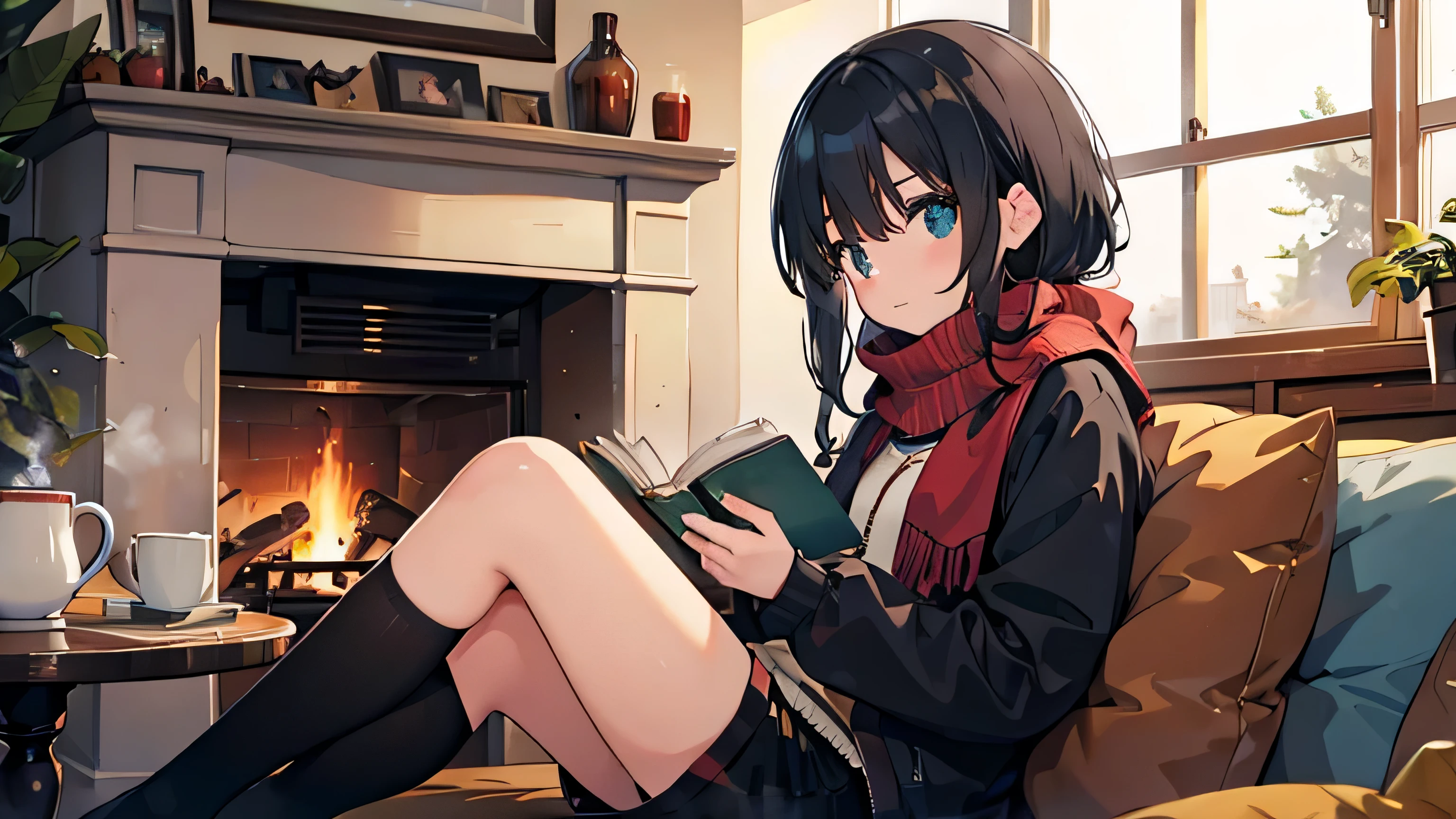 A girl sitting on a sofa in front of a fireplace reading a book,There is a coffee mug on the table,black hair,Red scarf with black stripes,black shorts