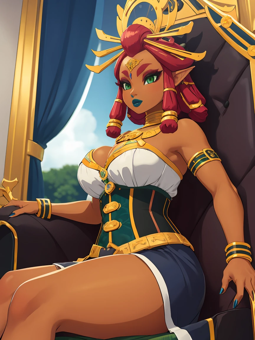 Big breasts, green eyes, dark blue lips, sitting on a throne, corset, sexy legs, Riju