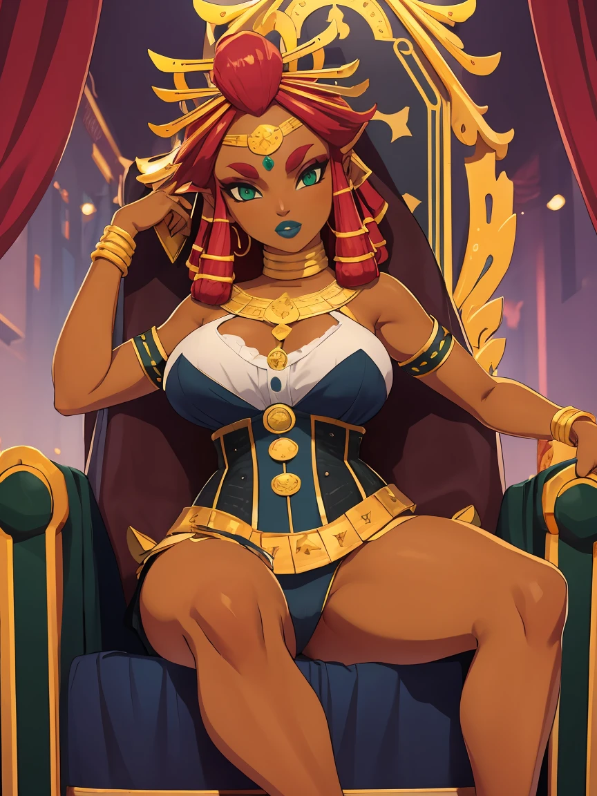 Big breasts, green eyes, dark blue lips, sitting on a throne, corset, sexy legs, Riju