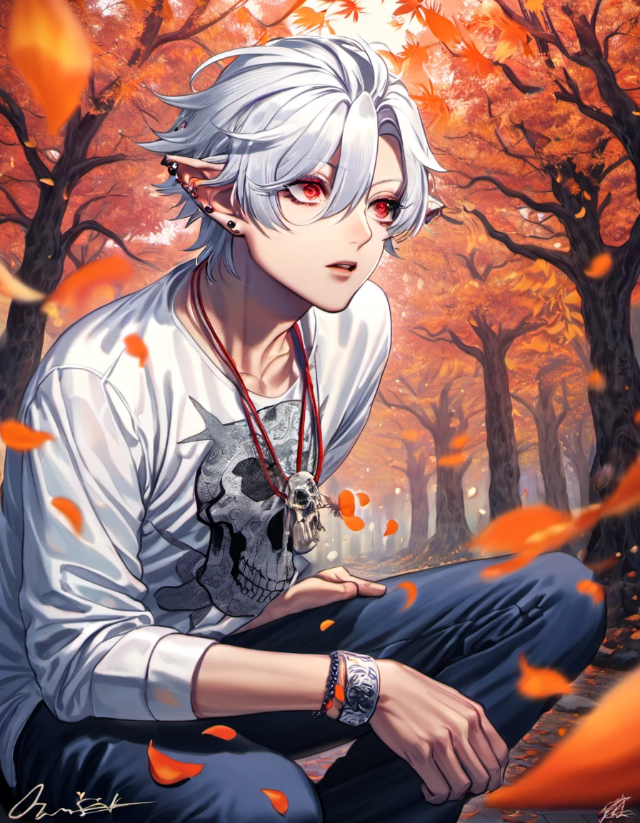 absurdres, highres, ultra detailed, HDR, master piece, best quality, Samatoki Aohitsugi, chin length white hair, expressive red eyes, long eyelashes, 1man, handsome, Hypnosis Mic, multiple piercings on the ears, white shirt with signature skull prints on the chest, dark blue pants, triangle-shaped necklace, black-and-white bracelet, 1man, handsome, orange leaves, autumn, trees, petals