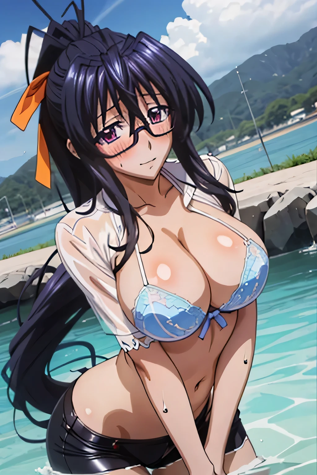 Himejima Akeno,long hair,policewoman,blush,Tele face,one person,See-through bra,Glasses,soaked