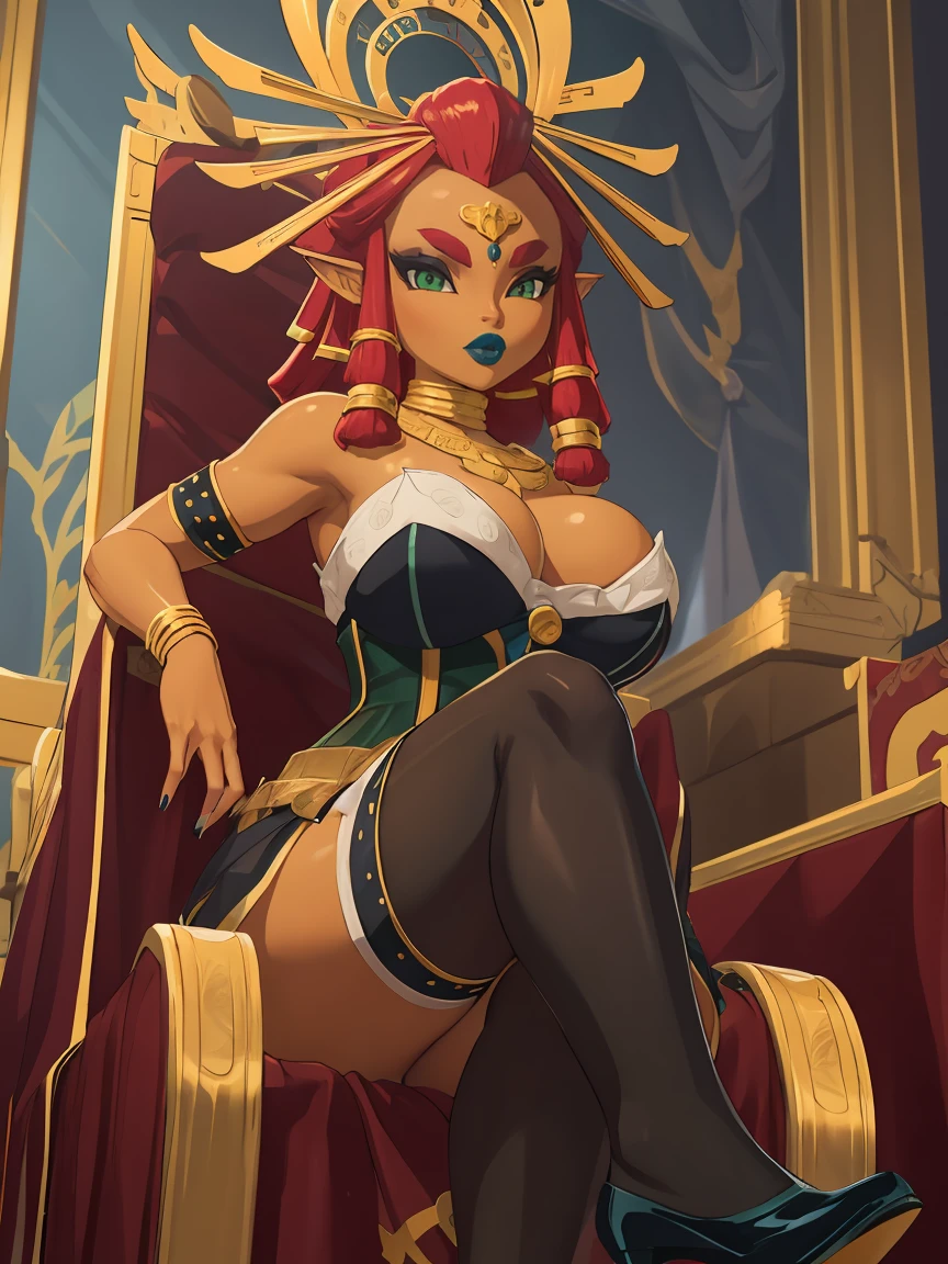 Big breasts, green eyes, dark blue lips, sitting on a throne, corset, black stockings, heels, sexy legs, Riju