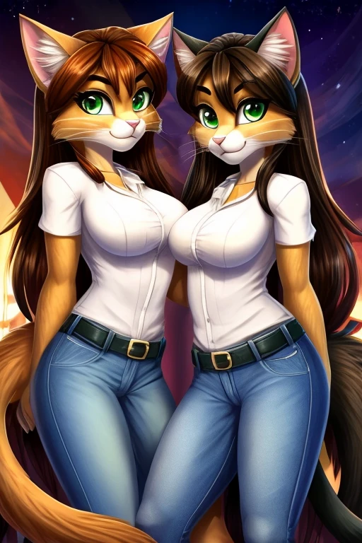 2girls, posing for photo, (sassy), ((anthro cats)), hip tuft, leg tuft, fluffy fur, whiskers, brown hair, long hair, beautiful green eyes, (anthro furry:1.3, snout:1.2, anthro:1.3, furry:1.2, female:1.2, thick tails: 1.2, cat tails), yellow cop top, blue jeans, sisters, twins, big breasts