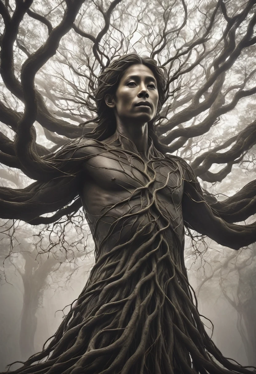 An ethereal portrait of a human intertwined with the intricate branches of an ancient tree, highlighting the mystical bond --ar 3:4 --style raw --stylize 300