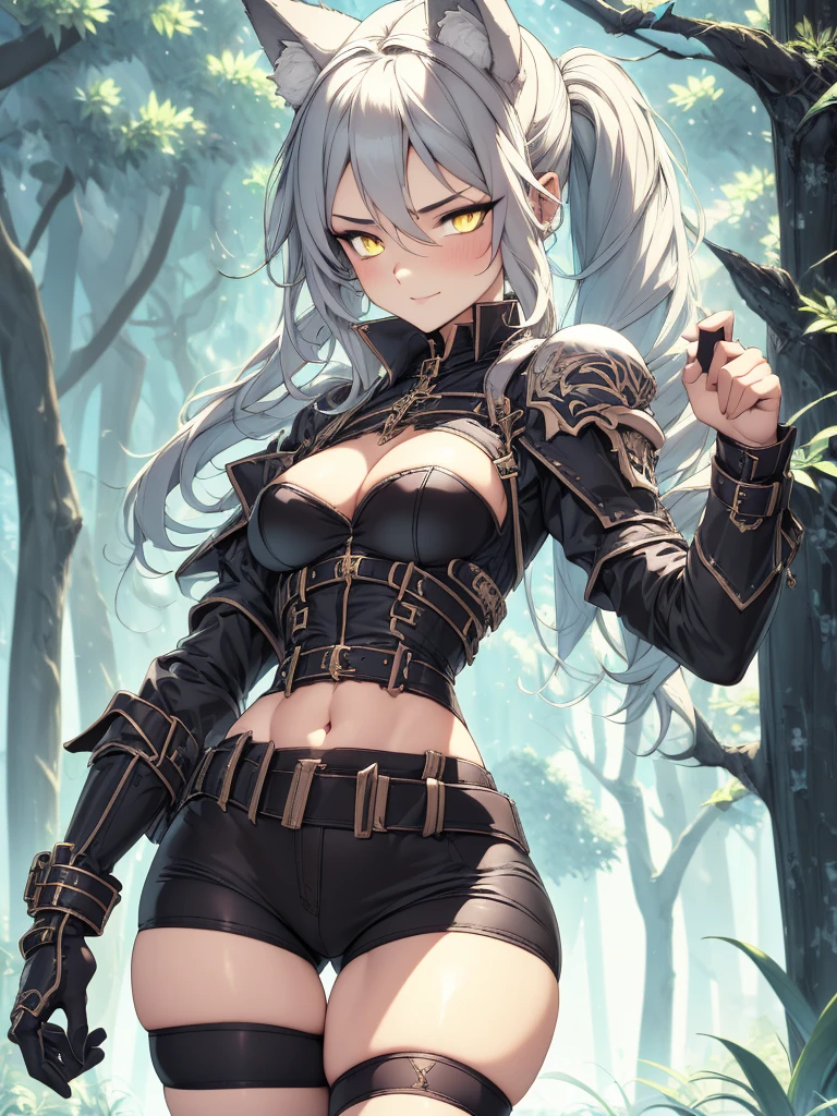 8K, Full body portrait, single young woman, especially detailed face, masterpiece, wallpaper, highlydetailed face, ultra-detailed face, beautiful and aesthetic wolf tailed girl, athletic body, big breasts, curvy, long hair, gray-silver hair, a young wolf woman, wolf ears, fluffy wolf tail, long wolf tail, silver fur tail, wolf-like irises, beautiful, enchanting, bright yellow eyes, detailed eyes, ultra-detailed eyes, accurate eyes, detailed irises, correct body proportions, elegant, small vertical scar under right eye, small rosy lips, big breasts, slender elegant arms, pretty hands, detailed hands, charming, slight blush, smug smile, black edgpshorts with stylish metal chains and a black top, detached sleeves, light black armor, armored long bike shorts and skirt on top of them, two piece outfit, black armored fur jacket, black metal armor, bare off shoulders, toned abs, exposed belly, standing pose, cute pose, black thighigh on left leg, sole girl